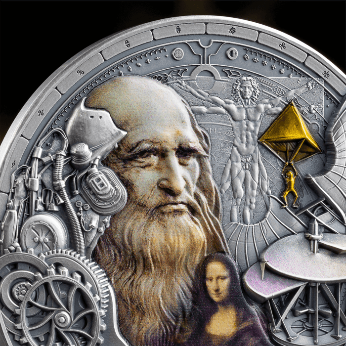 Moneda de plata colorada y dorada 2000 francos Camerún 2024 – Futuristas del pasado: Leonardo da Vinci - Imagen 3