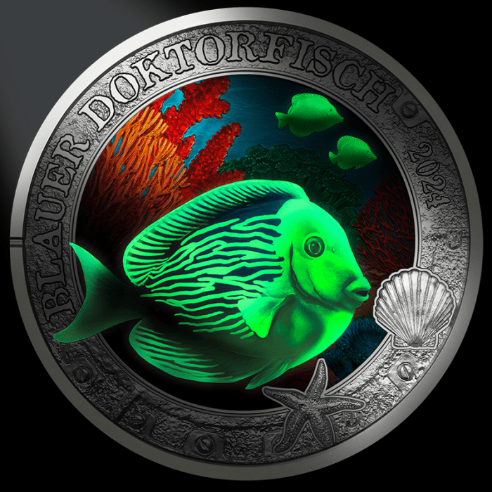 Colored 3 euro coin Austria 2024 – Luminous Marine Life "Doctorfish" - Image 2