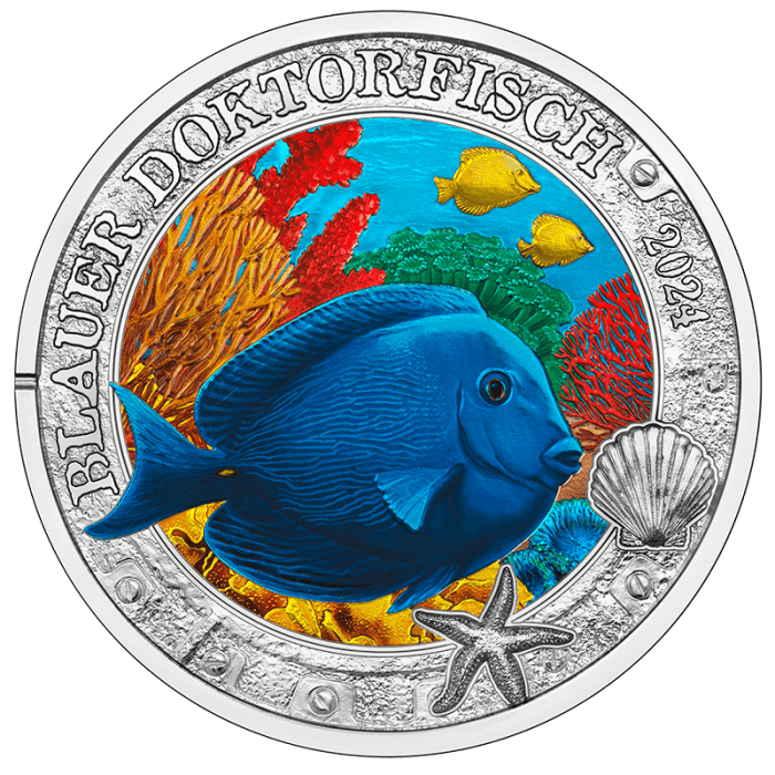 Colored 3 euro coin Austria 2024 – Luminous Marine Life "Doctorfish" - Image 1