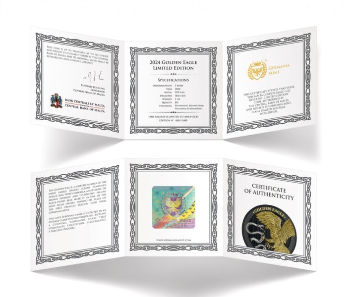 Позолоченная серебряная монета 5 евро Мальта 2024 – Беркут — изображение 5