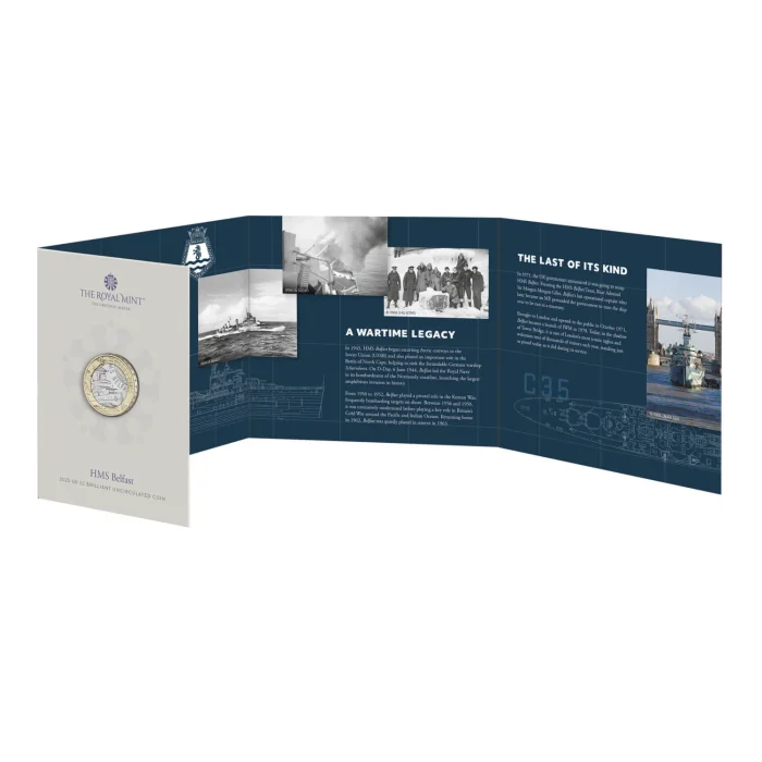 uk25hbbu-iconic-navy-vessels---hms-belfast-2025-gbp2-brilliant-uncirculated-coin-pack-inner-1500x1500-f3a2c67 Kolikko £2 Iso-Britannia 2025 - Risteilijä HMS Belfast - Image 4