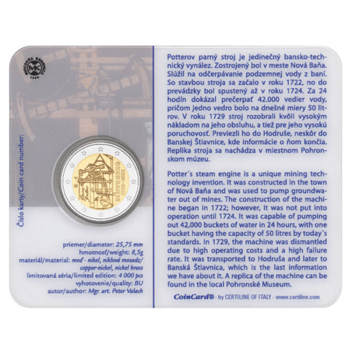 slovakia-2022-2-euro-coincard-first-atmospheric-steam-engine-bu1 2 euro Slovakkia 2022 - Atmosfääri aurumasinate ehitamise 300. aastapäev BU - Image 2