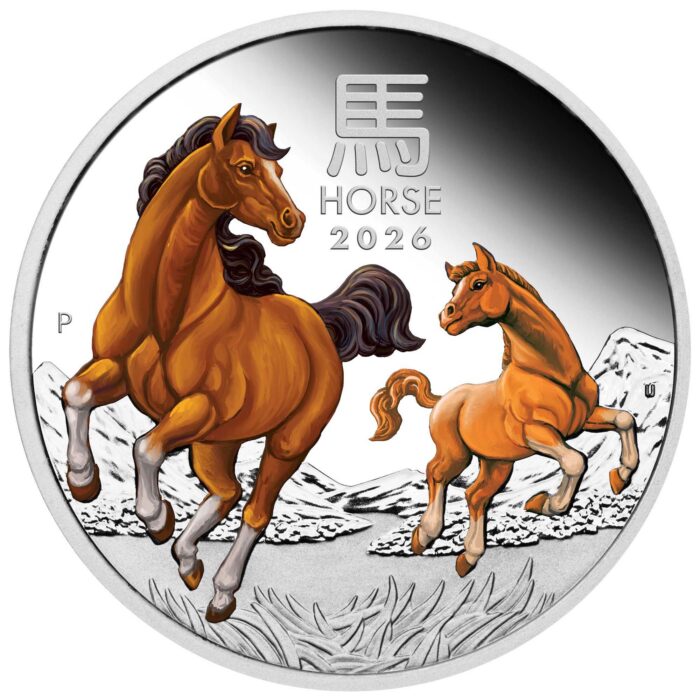 02-2026-lunar-series-iii-yot-horse-1oz-silver-proof-coloured-coin-straight-on-highres Цветная серебряная монета 1$ Австралия 2026 — Год Лошади 1 oz PROOF — изображение 2