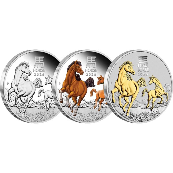18-2026-lunar-series-iii-yot-horse-1oz-silver-trio-rev-onedge-highres Набор серебряных монет 1 AUD Австралия 2026 — Год Лошади PROOF — изображение 1
