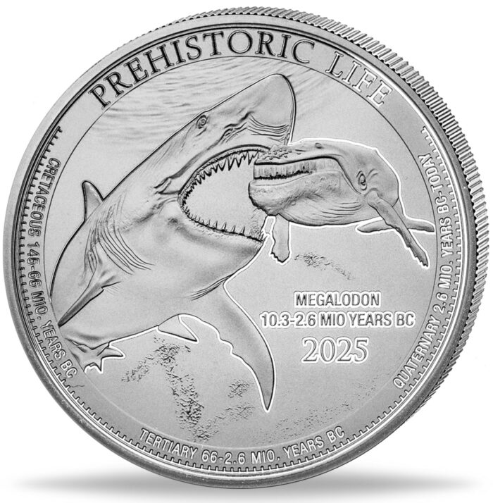 Megalodón Kongo 2025 Moneda de plata de 20 CDF Congo 2025 – Vida prehistórica: Megalodón - Imagen 1