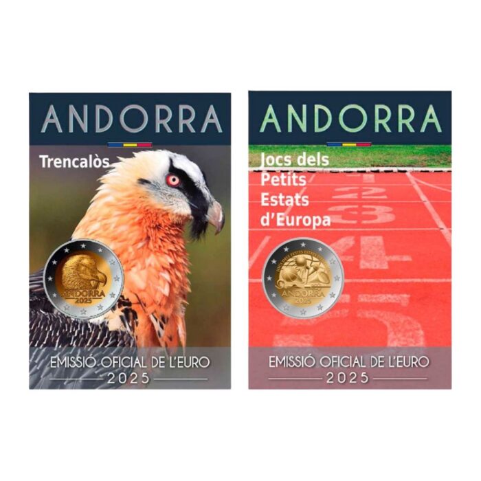 Andorran 2 kolikkokorttia 2025 (1) 2 euron Andorra 2025 kolikkopari korteissa - Hanhikorppikotka ja Euroopan pienten valtioiden pelit - Image 1