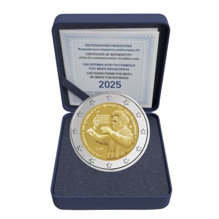 2 euroa Kreikka 2025 – Mikis Theodorakisin syntymän 100-vuotisjuhla PROOF - Image 1