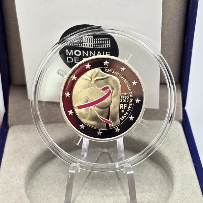 Moneda coloreada de 2 euros Francia 2017 - Investigación del cáncer de mama Proof - Imagen 2