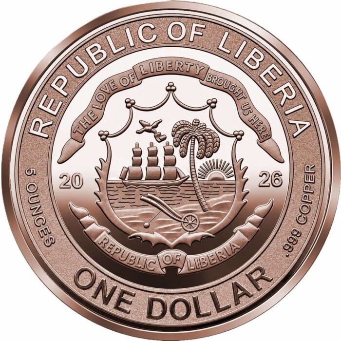 Vaskmünt 1 dollari Libeeria - Justitia 5 oz - Pilt 2